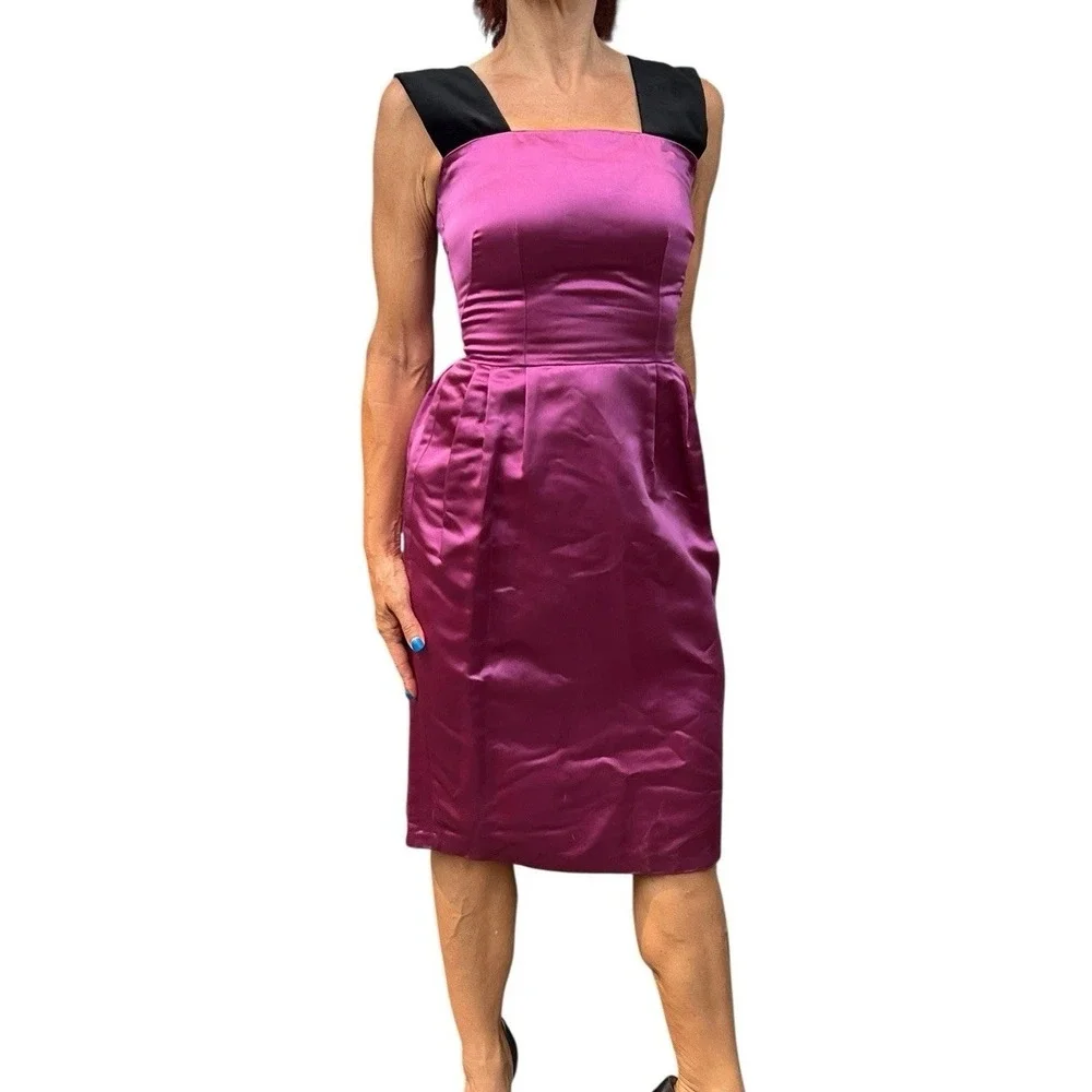 Dolce‎ & Gabbana D&G Fuchsia Satin Velvet Square Neck Pleated Dress 38 2 NWT